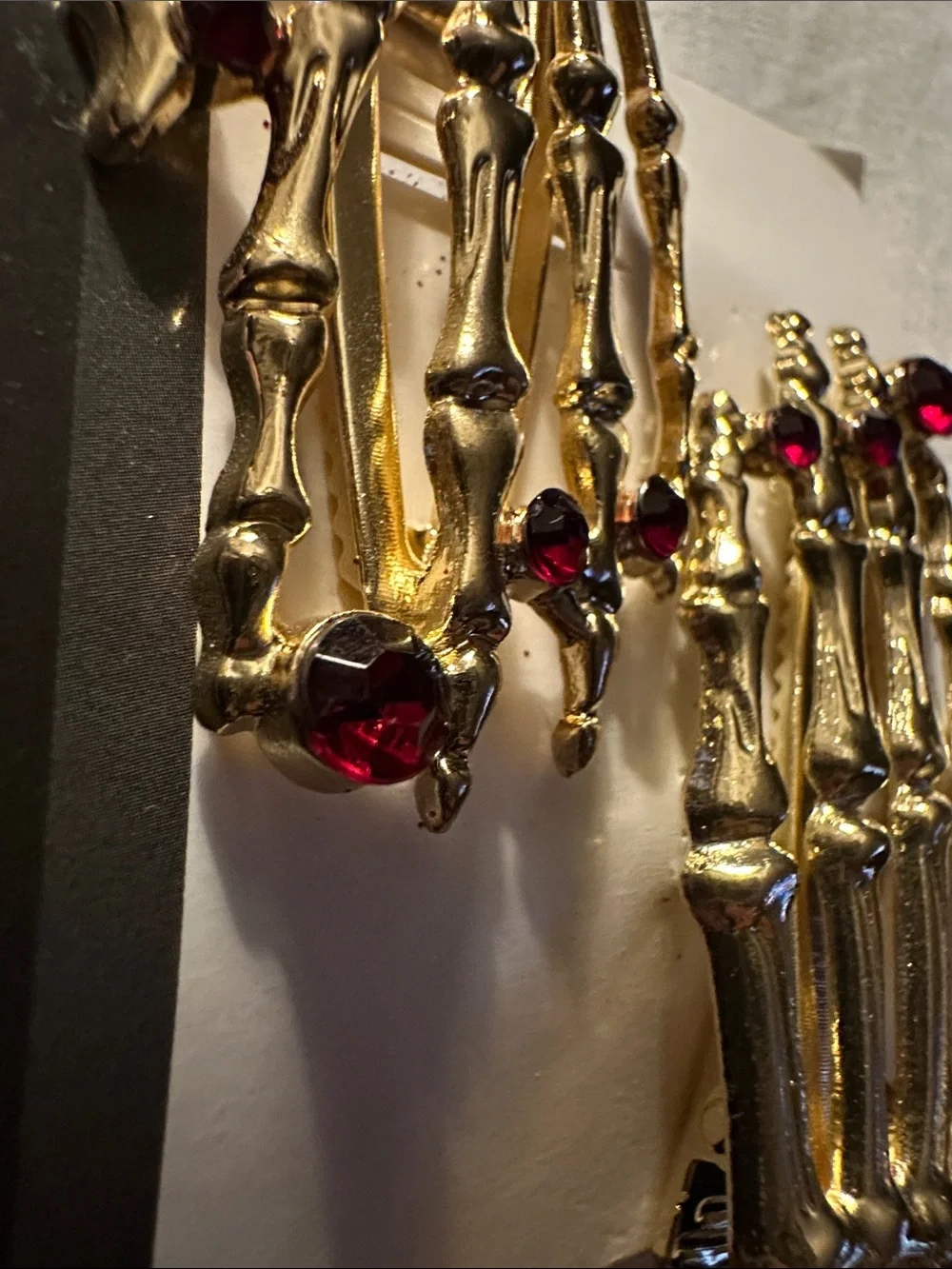 Gold-toned Skeleton Hair Clips with Red Gemstone Accents - Halloween Accessory